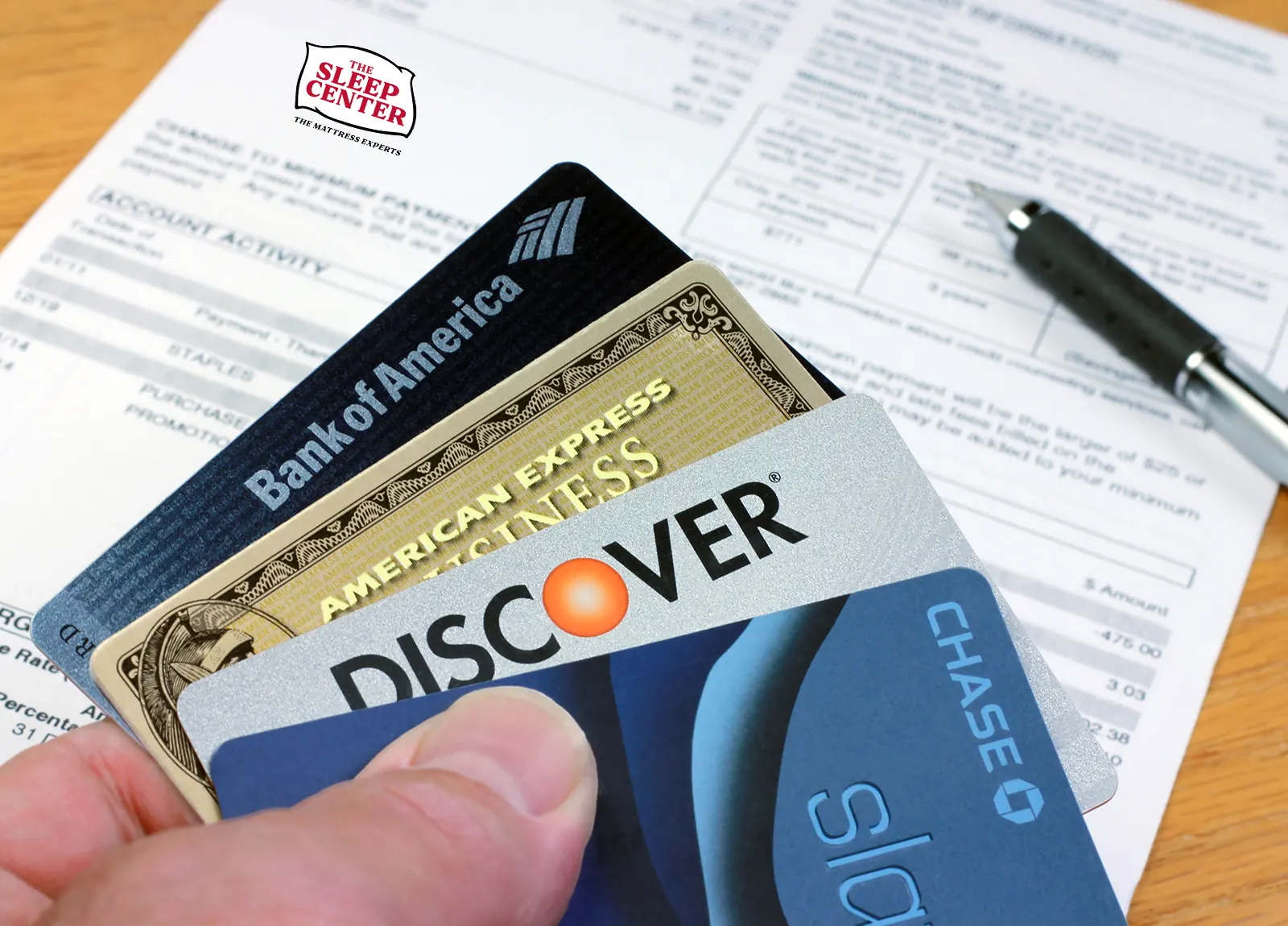 Credit cards and a payment statement for mattress financing