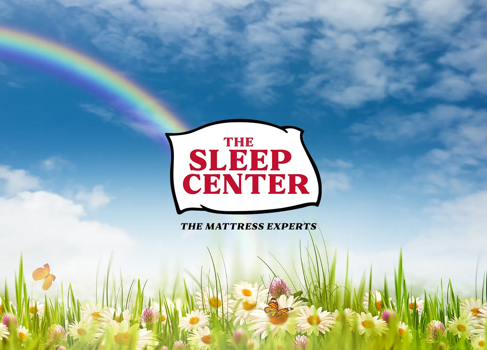 The Sleep Center logo over a sunny meadow and rainbow