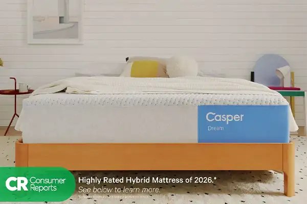 Casper Dream mattress on a wood bed frame