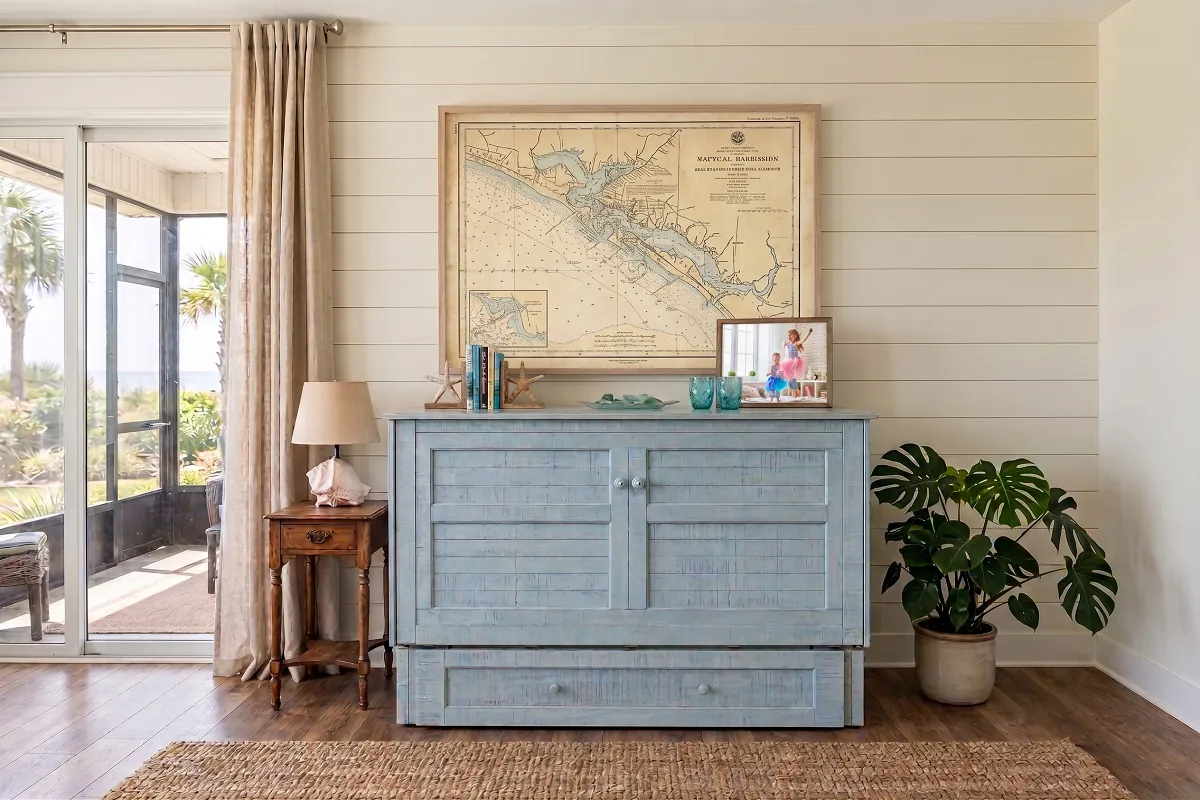 Murphy cabinet bed in a coastal living room